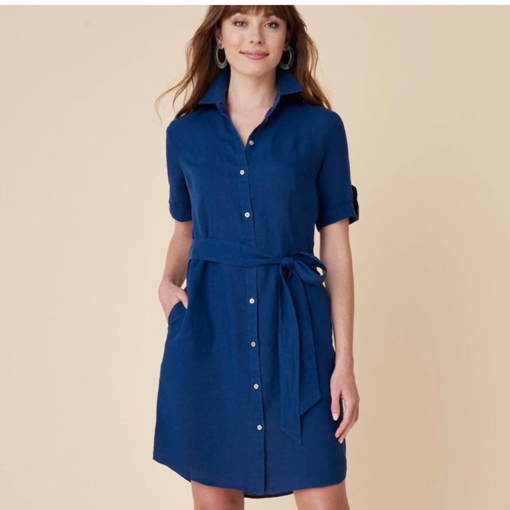 UnTuckit Nancy 100% Linen Button Down Navy Blue‎ Shift Dress, Size 6